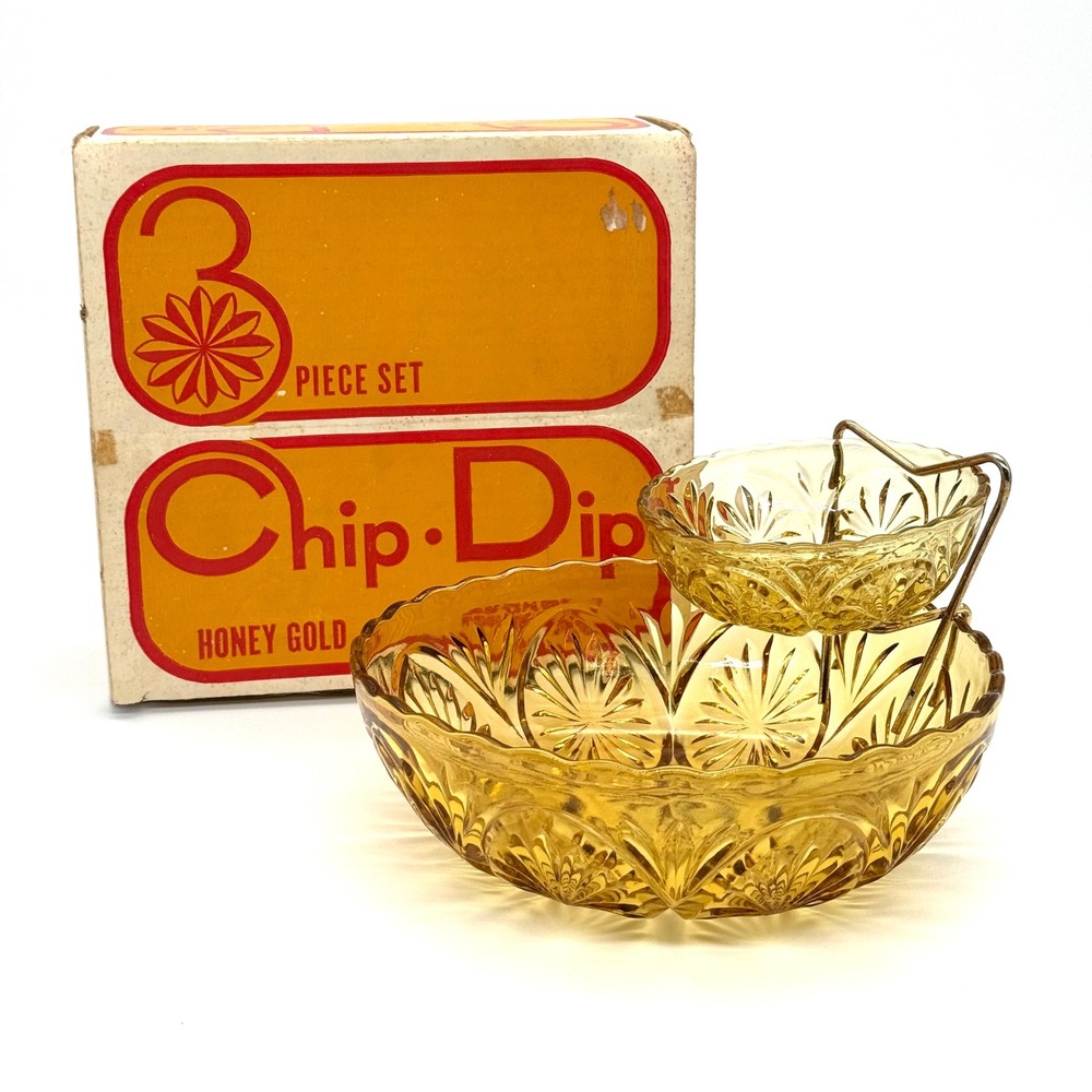 Anchor Hocking Vintage Chip Dip Set Honey Gold 3 Piece Starburst Boxed 1970s